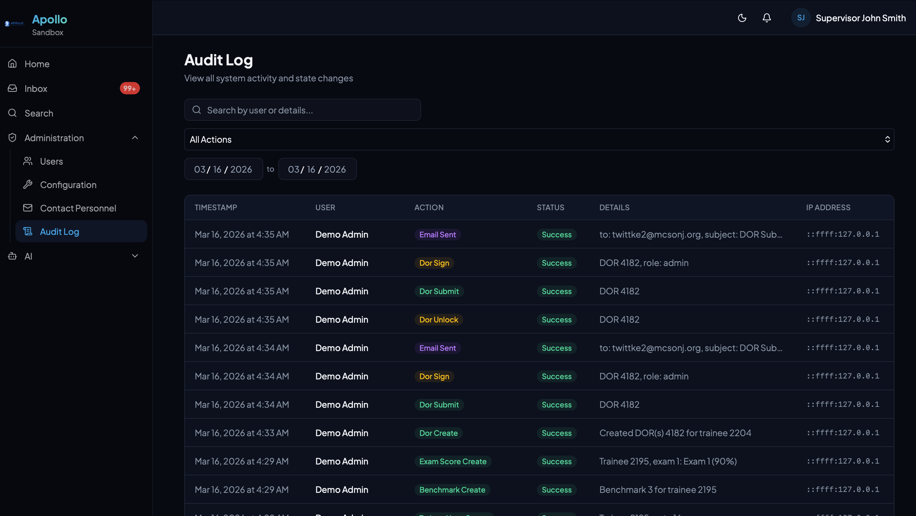 Audit Log showing timestamped system activity with user, action, status, and IP address