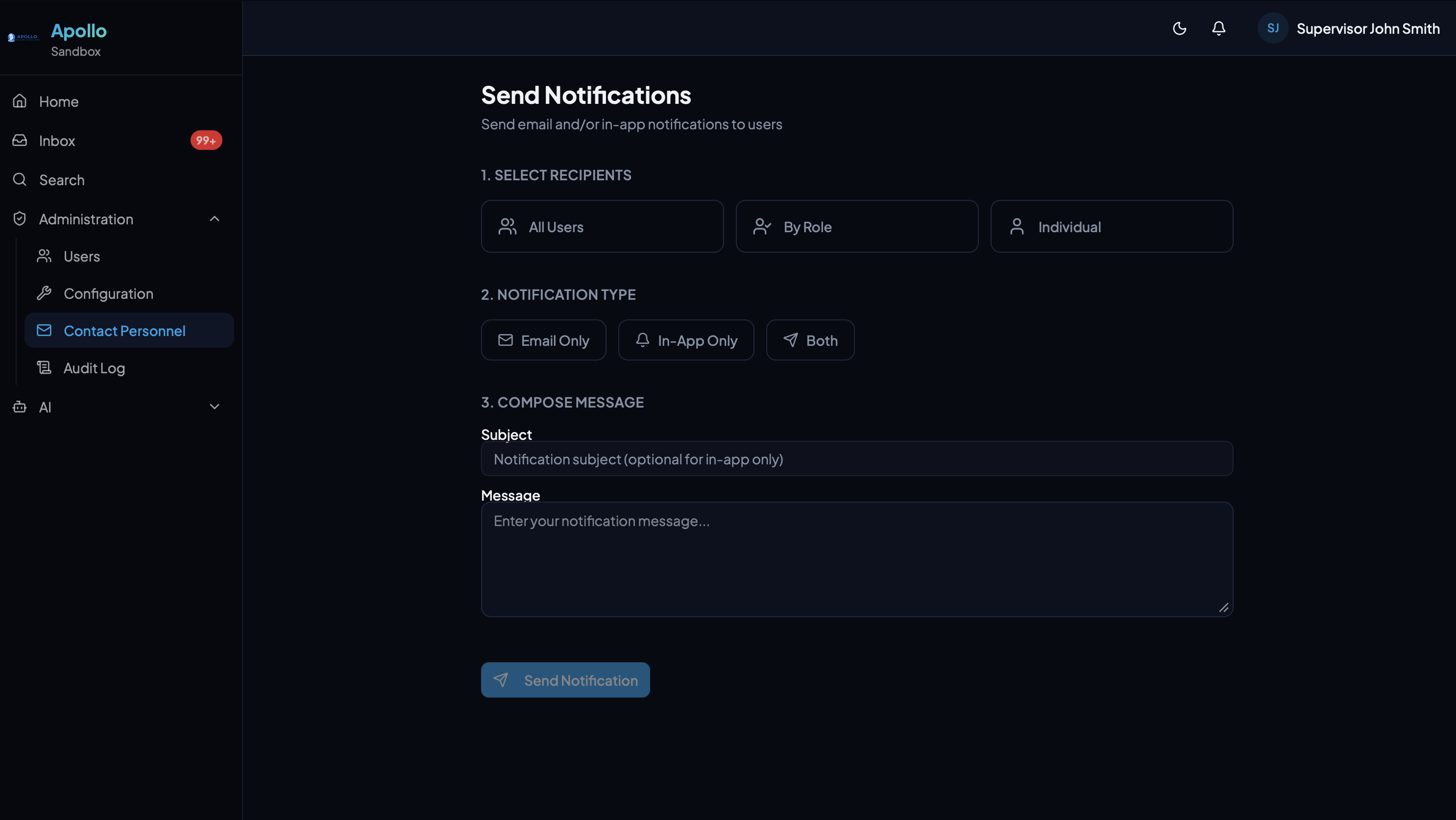 Send Notifications page with recipient selection, notification type, and message composer
