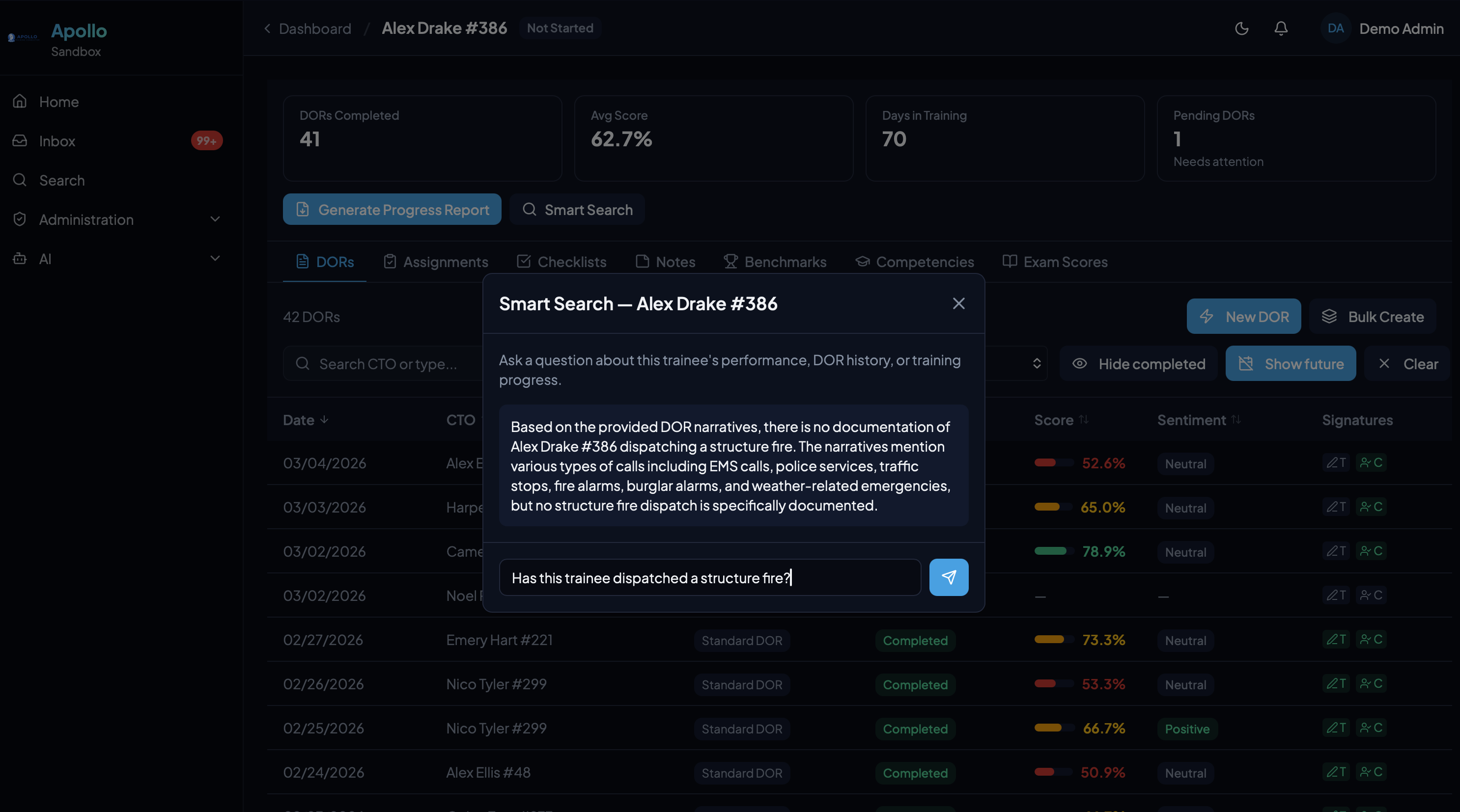 Smart Search showing an AI-generated answer grounded in actual DOR narratives