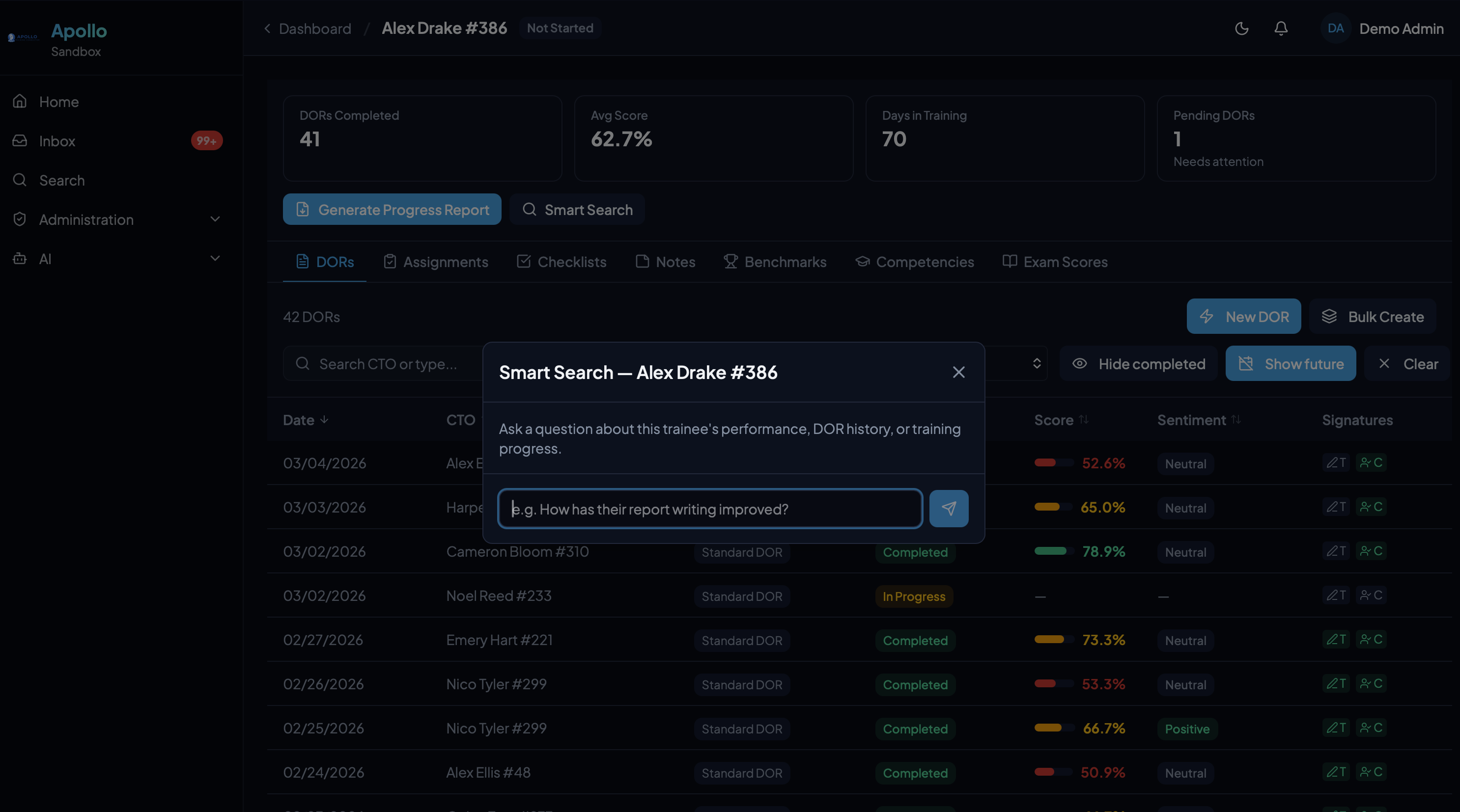 Smart Search modal ready for a question about trainee performance