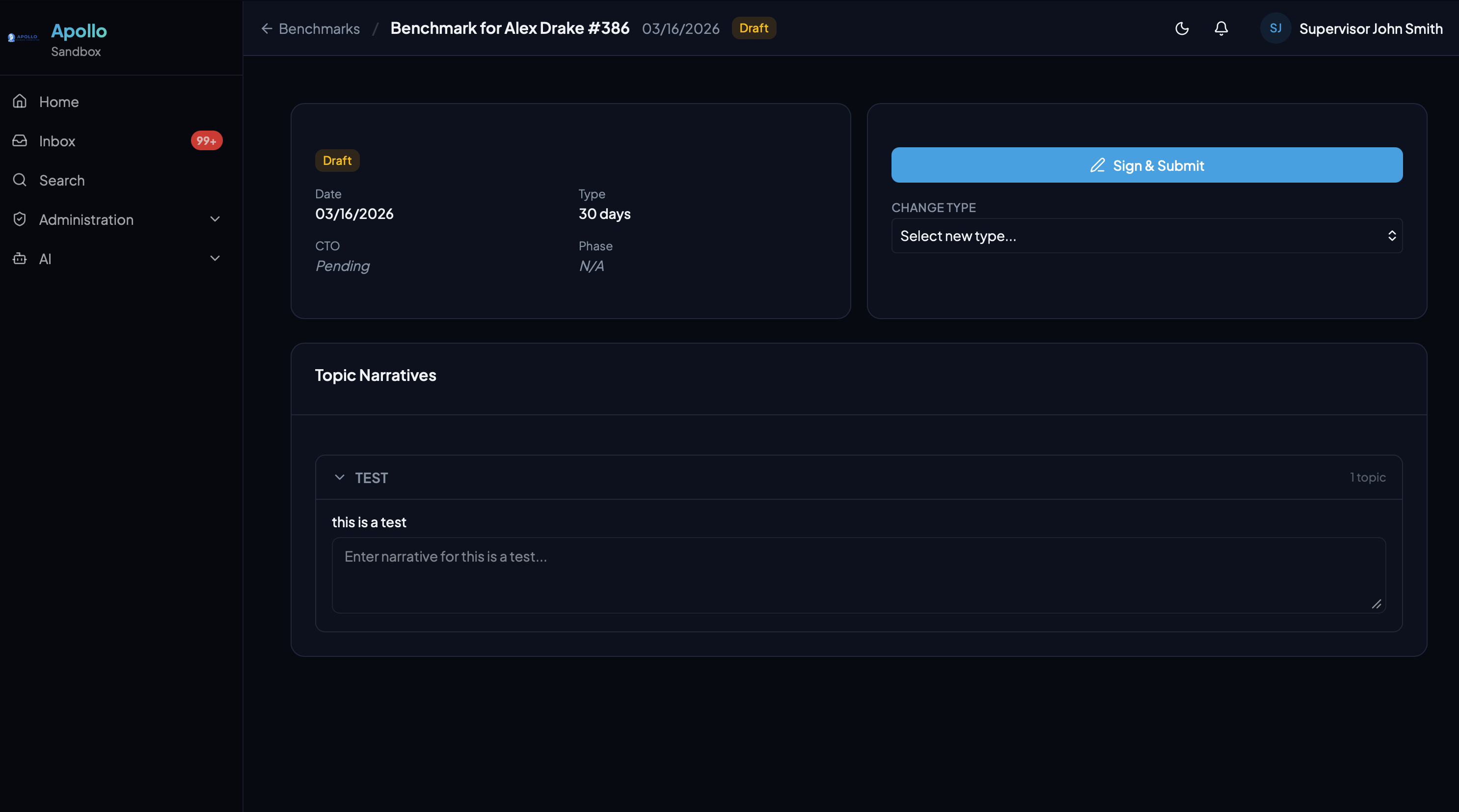 Benchmark evaluation form with topic narratives and sign-and-submit workflow
