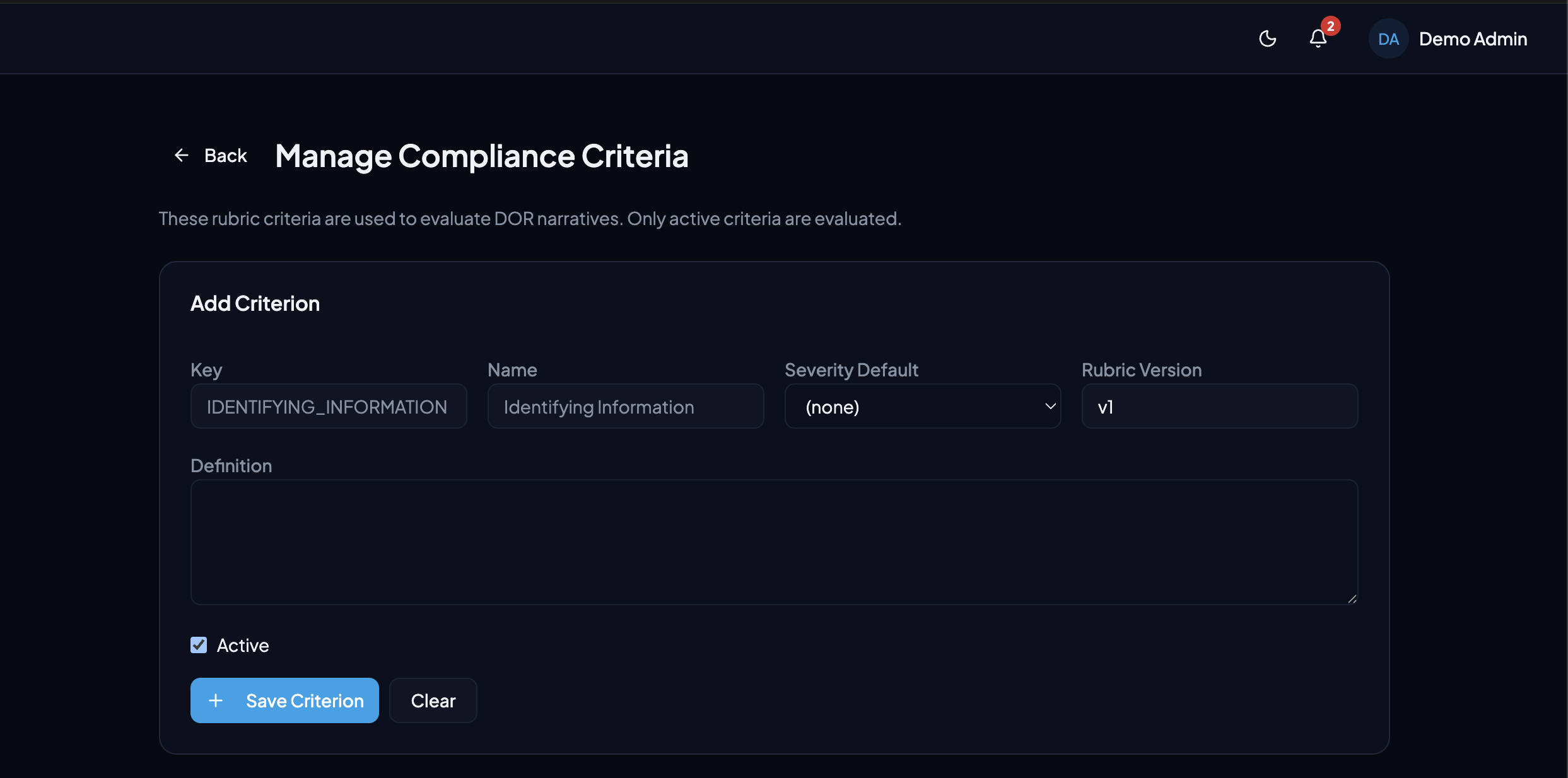 Add Criterion form with key, name, severity, rubric version, and definition fields