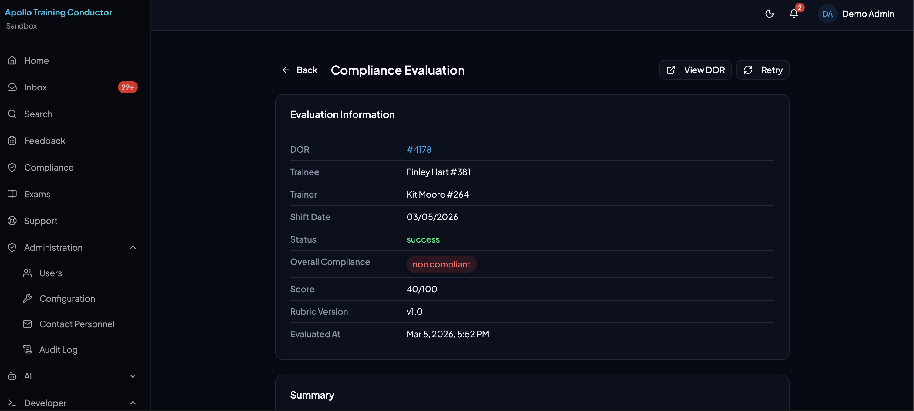 Compliance Evaluation detail showing DOR info, overall compliance status, and score