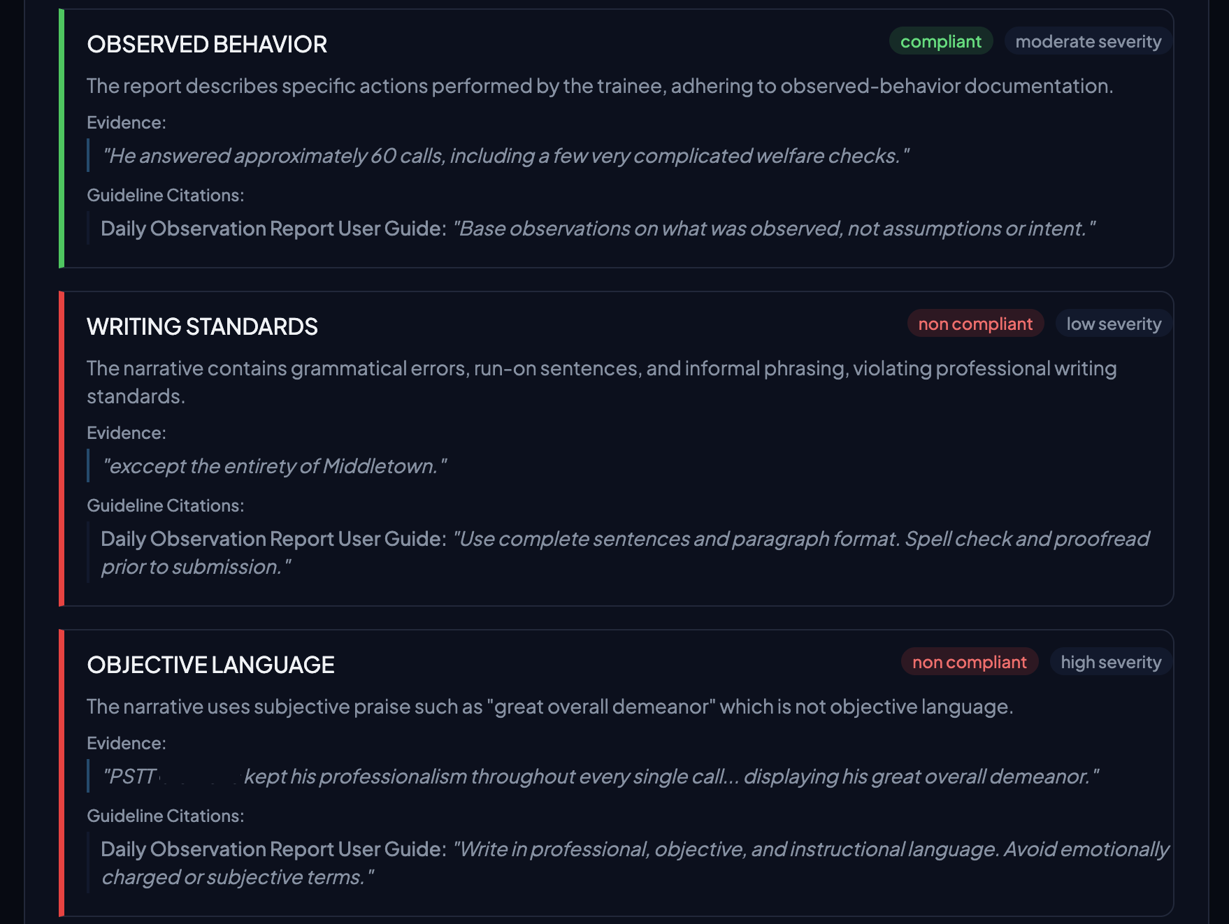 Per-guideline compliance results showing compliant and non-compliant findings with evidence quotes and guideline citations