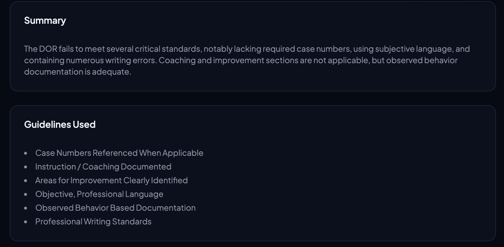 Compliance evaluation summary with guidelines used for the evaluation
