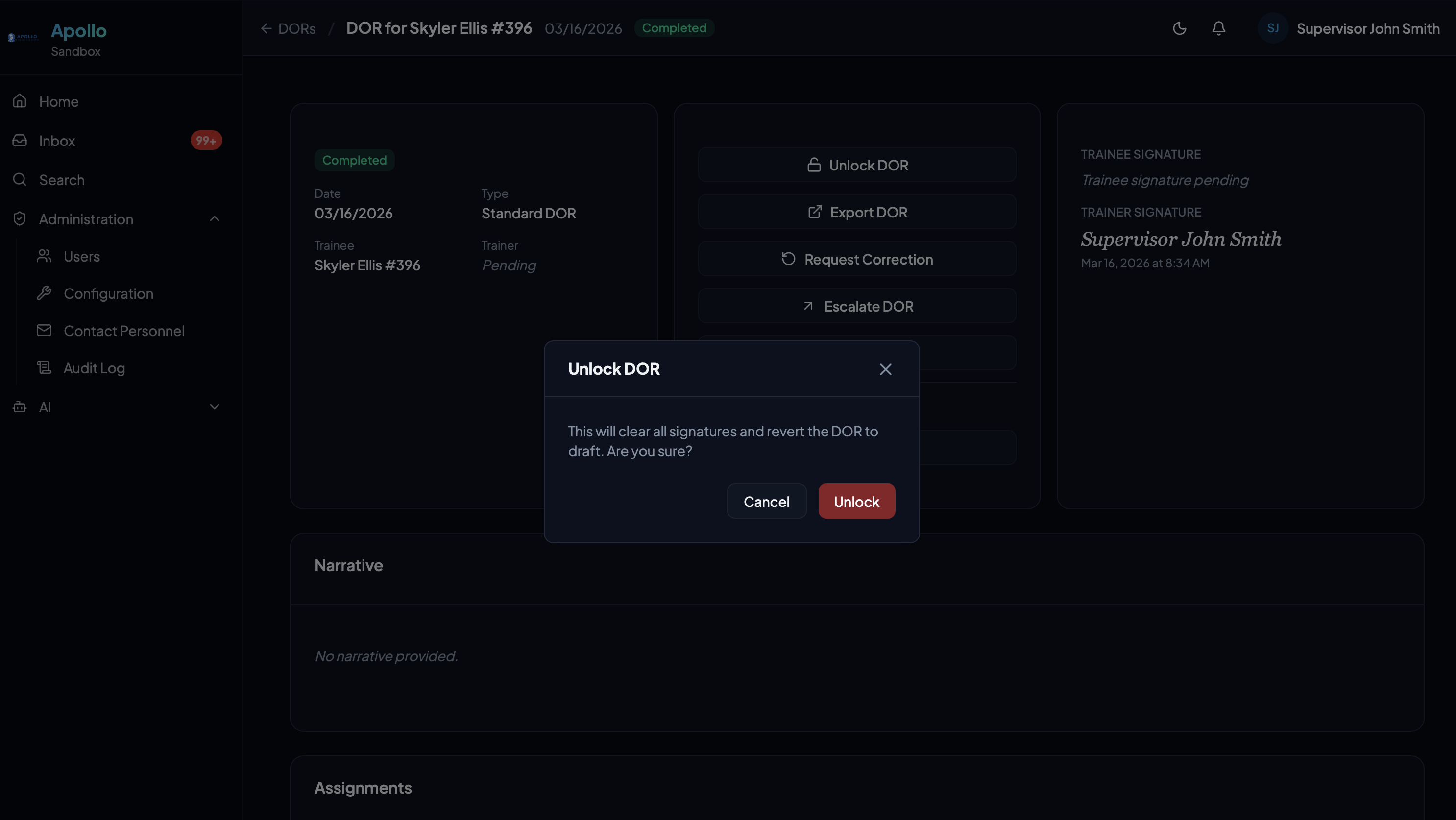 Completed DOR with unlock confirmation dialog