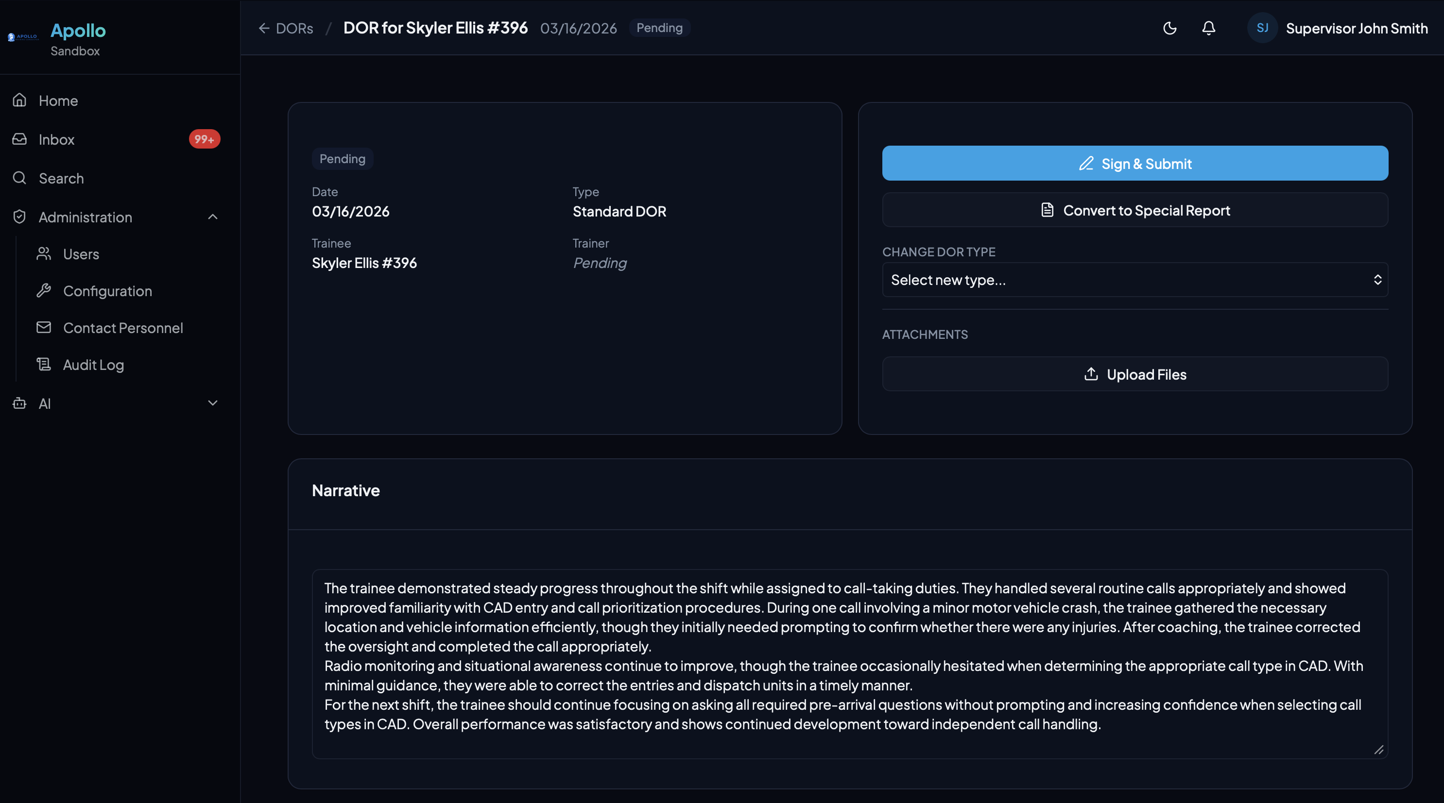 DOR detail view showing narrative text, pending status, and sign-and-submit button