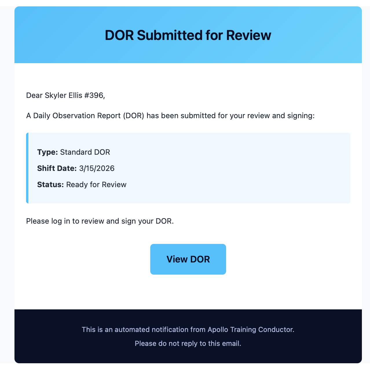 Email notification showing a DOR submitted for review with a View DOR button
