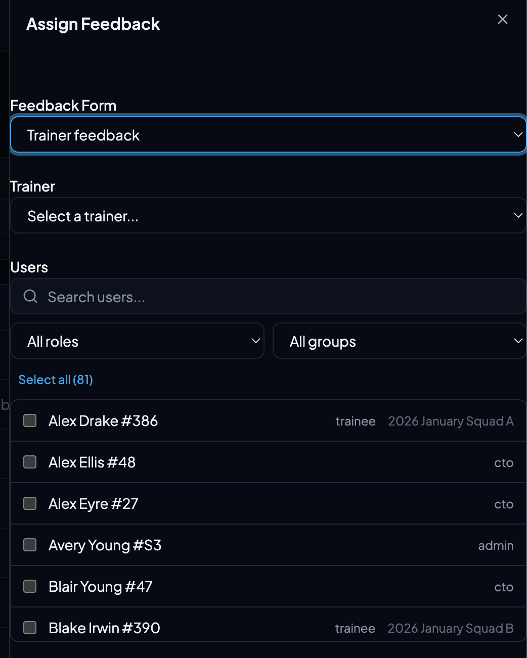 Assign Feedback modal with form selection, trainer picker, and user list with role and group filters