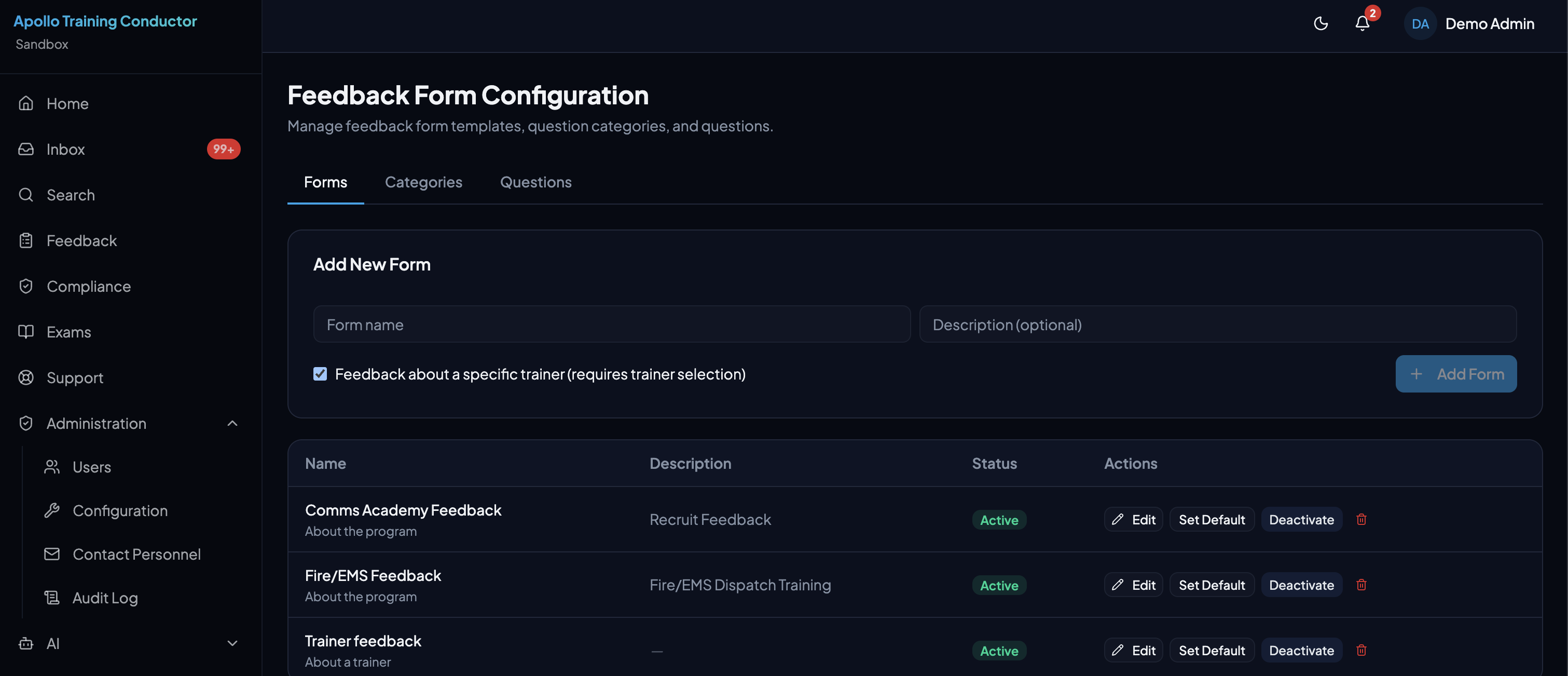 Feedback Form Configuration page with form templates, categories, and question management