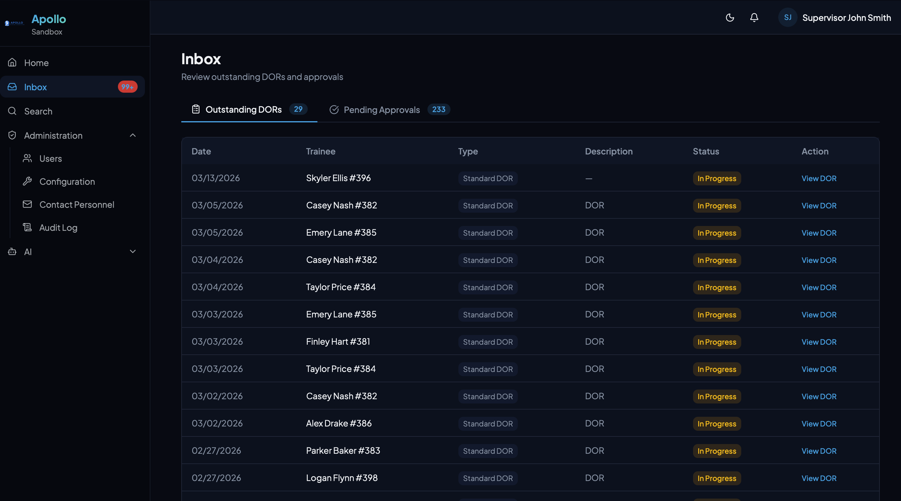 Inbox showing all outstanding DORs awaiting completion with trainee, type, and status