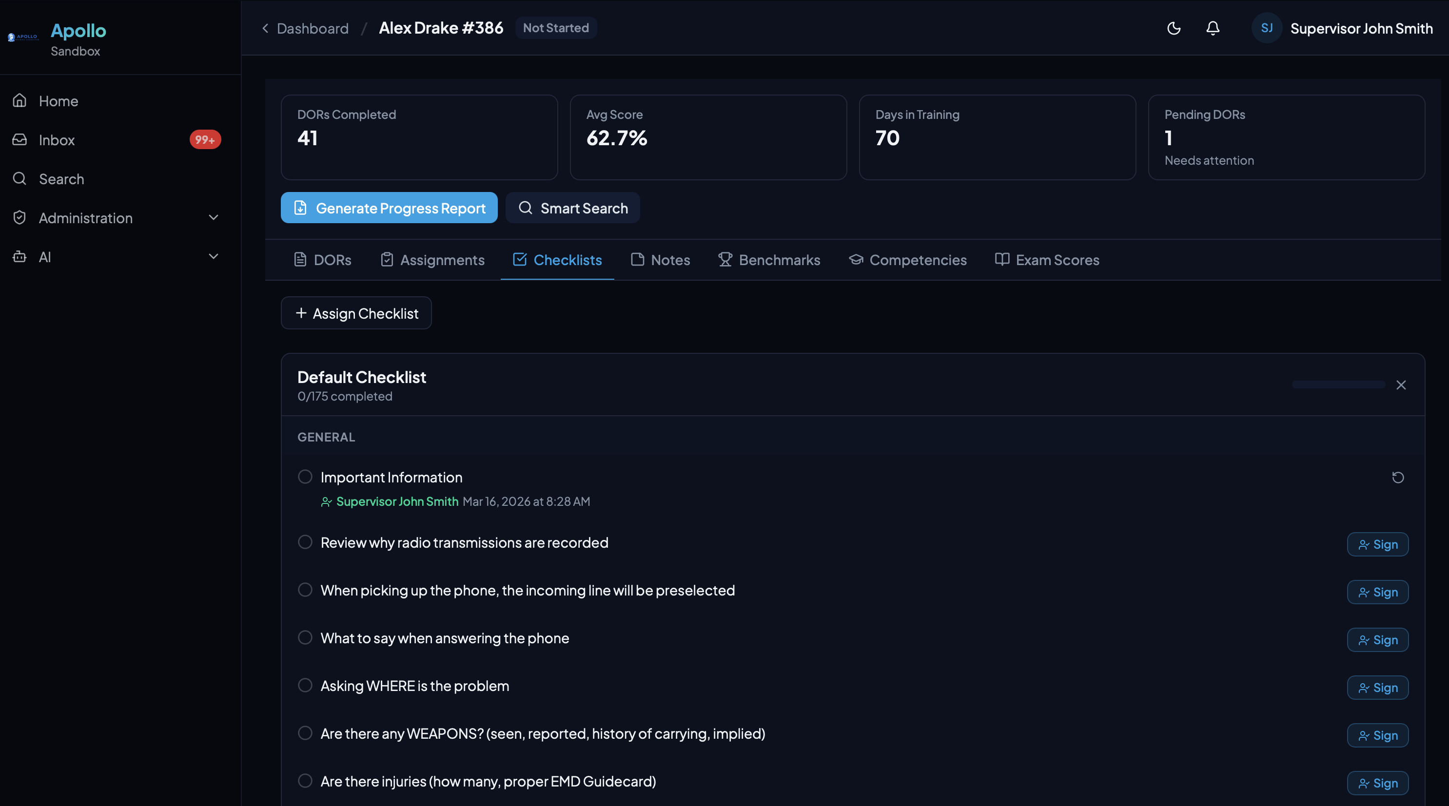 Training checklists organized by category with dual sign-off tracking