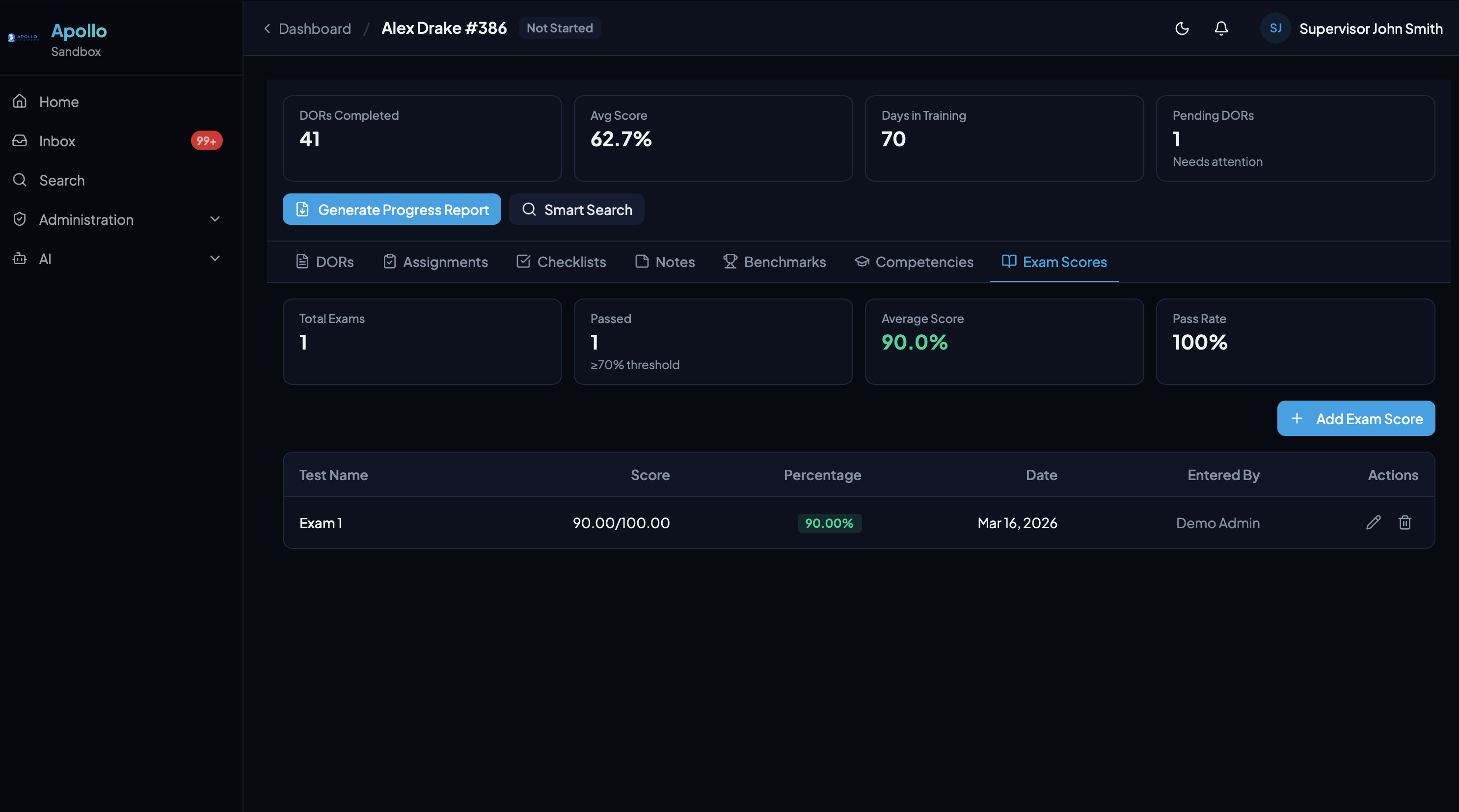 Exam scores with pass rate tracking and summary statistics
